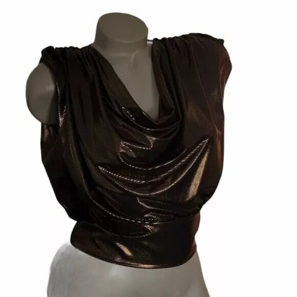 Gold Metallic Surplus Drape Cowl Neck Open Tie Back Cropped Halter Sleeveless - Picture 4 of 7
